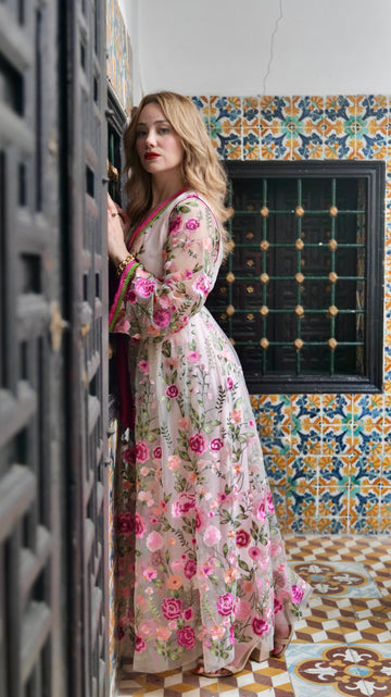 CAFTAN A FLEURS ROSE