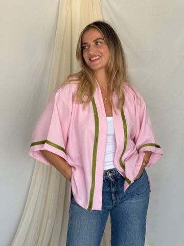 KIMONO EN LIN ROSE GALON VERT