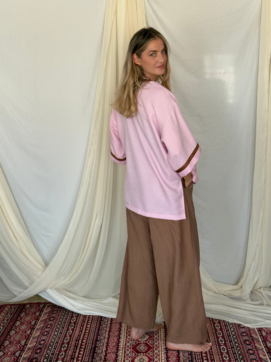 KIMONO EN LIN ROSE GALON MARRON