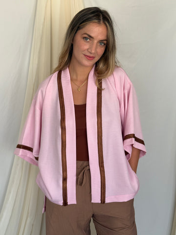 KIMONO EN LIN ROSE GALON MARRON
