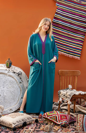 DJELLABA À POCHE BLEU GALON VERT