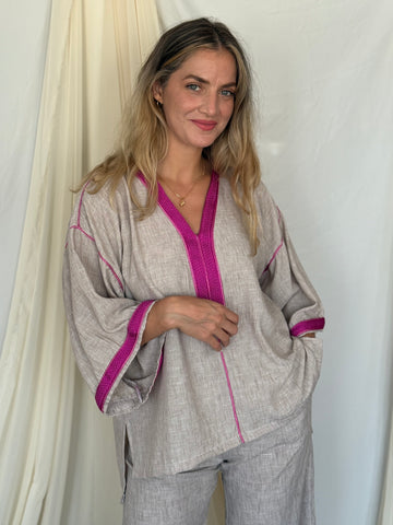 ENSEMBLE EN LIN BEIGE GALON ROSE