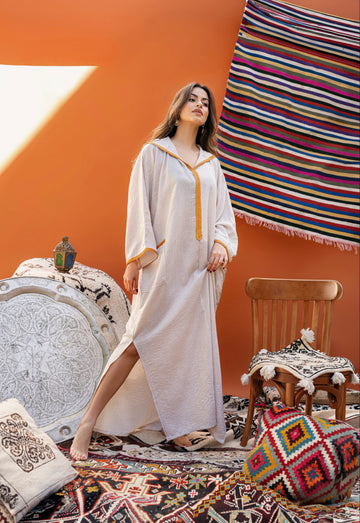 DJELLABA EN LIN À CAPUCHE BEIGE