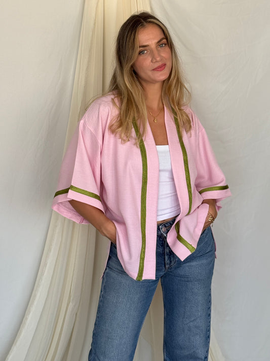 KIMONO EN LIN ROSE GALON VERT