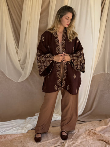 ENSEMBLE KIMONO BRODE MARRON FONCÉ