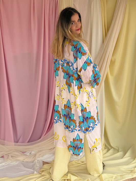 KIMONO FLORA LONG BLEU