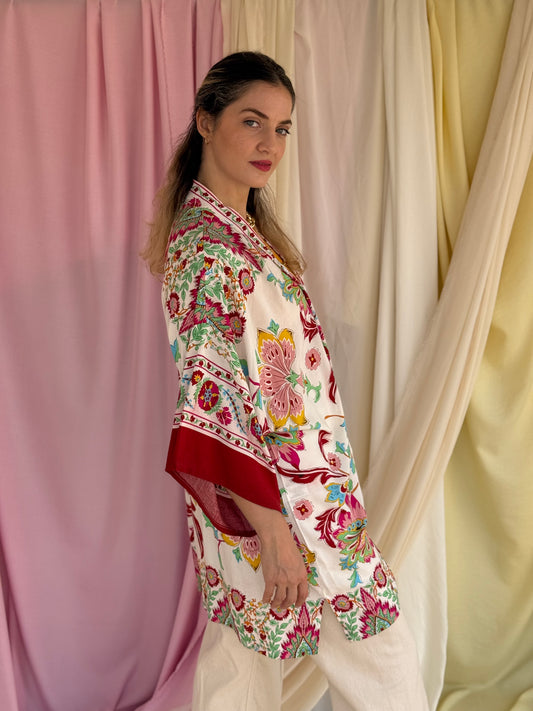 KIMONO A FLEURS ROUGE